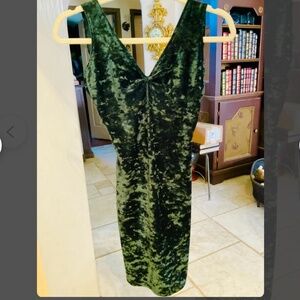 Vintage 90s Crushed Velvet Stretch Dark Green Mini Dress XS Low Back Sexy